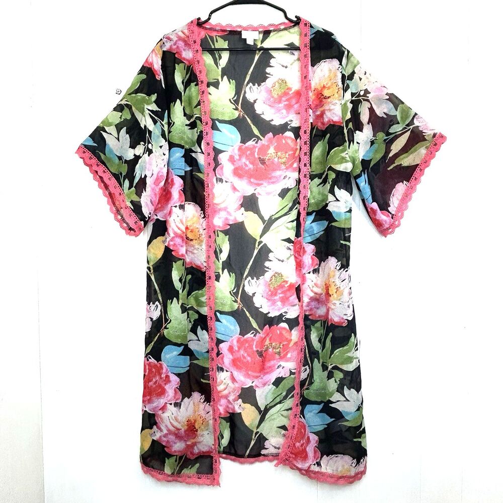 LuLaRoe Chloe Kimono Cardigan Size S Overlay Tropical Flowers Lace Trim Long